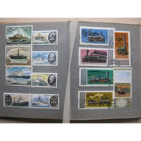 Марки в альбоме, флот, техника, поезда и другие, 90 шт.