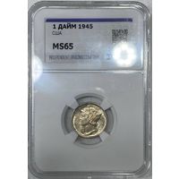 1 дайм 1945 США ms 65. Яркое серебро! Год победы во 2 мировой!