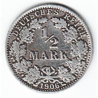 Германия 1/2 марки 1906 год А Ag _состояние VF