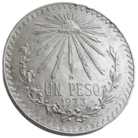 Мексика, 1 песо 1933 года, сост. AU, серебро 720/ 16,66 г, гурт: INDEPENDENCIA Y LIBERTAD, Мексиканские Соединённые Штаты (1905 - 1969), KM#455