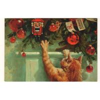 Посткроссинг. Новогодняя открытка: кот и щелкунчик, худ.М.Павлова (11,5х16,5), издательство "Речь". Прошла почту. Художественная марка.
