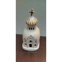 Винтажный фарфоровый православный храм ( лампадка ) ручная роспись золотом .