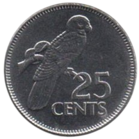 Республика Сейшелы (Сейшельские Острова). 25 центов 2012. Фауна. Черный попугай.