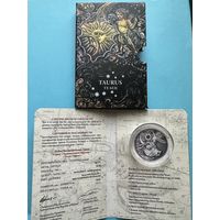 Сертификат Блистер к монете Телец. Зодиакальный гороскоп. Знаки Зодиака