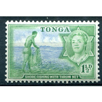 Британский протекторат - Королевство Тонга - 1953г. - ландшафты, рыбак, королева Салоте Тупоу III, 1 1/2 P - 1 марка - MLH [Mi 101]. #4-B5-106-A-1