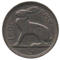 РЕСПУБЛИКА ИРЛАНДИЯ. 3 ПЕННИ 1967. ФАУНА. ЗАЯЦ.