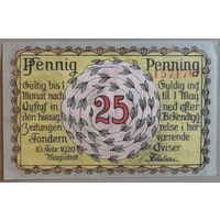 Германия/ Дания/ 25 пфеннигов 1920 г Тондерн (Tondern) 1329.1b, Рамка РВ с ".. Tоnder