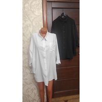 Две стильных рубашки на 66-68 размер. Черная и белая, красиво и красиво мерцают, сидит отлично на фигуре, носила мало, по случаю. Хлопок, очень приятные на ощупь, комфортно сидит на фигуре, ничего не