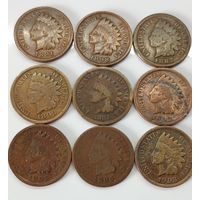 Лот центов США (9 штук); 1881, 1887, 1889, 1891, 1893, 1897,1898, 1899, 1903