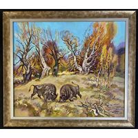 Поплавский Г.Г. Каталожная работа "Осенняя пора.Схватка великанов", 2004г. Холст, акрил. Размер 55х65 см.