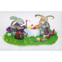 Чистая двойная открытка Латвия 1996г. "Пасха. Кролики" худ. Марита Грасе