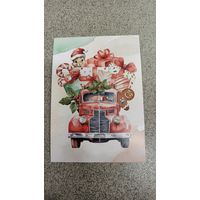 Открытка белочка на машине с подарками, новый год. Чистая