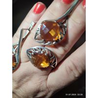 Серьги и кольцо с цитринами 925
