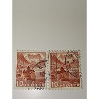 Марка Швейцария 1934 год с изображением замка Шильон (Chillon Castle) на берегу Женевского озера.