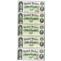 5доларов 1861, 1862 года Бостон,Луис,Филодельфия, Ньюорк 8шт. официальные копии редчаших  бонкнот США