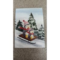 Открытка пингвины на санках. Новый год. Чистая