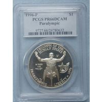 1 доллар, 1996 в слабе, Паралимп. игры в Атланте 1996, Гонки колясочников,  38,1 мм, пруф (Deep Сameo). Редкая!