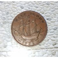 1/2 пенни 1952 года Великобритания. Король Георг 6. Шикарная шоколадная родная патина!