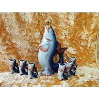 Графин и стопки Рыбки кобальтовые, Полонский з-д. СССР