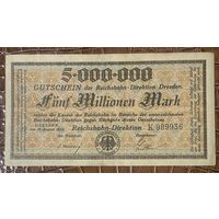 Банкнота 5 миллионов марок 1923 год. Дрезден. Веймарская республика.