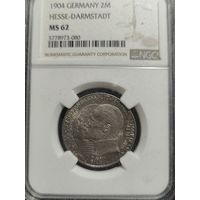 Германия. Хессен Дармштад. 2 марки 1904г. слаб NGC MS62.