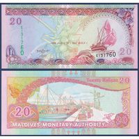 Мальдивские острова (Мальдивы), 20 руфий 2008 г, P-20c (E, лодка доу, гавань Мале), UNC