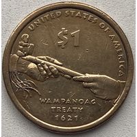 США 1 доллар 2011 г. Сакагавея. Трубка мира (Договор с Вампаноагами)