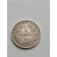 1 марка 1905 года. Германия. Вильгельм II. Серебро 900. Монета не чищена. 45436