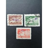 Польша 1950 Неполная серия марок с надпечаткой "GROSZY" на марках 1948 года Mi.481-482,484 "Кентавр" (гашение) Mi.587-588,590 каталог 17.00 евро