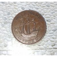 1/2 пенни 1955 года Великобритания. Королева Елизавета 2. Очень красивая родная патина!
