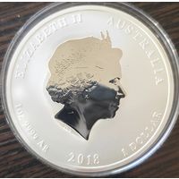 Австралия 1 доллар, 2018 года. Год собаки. Унция. Улучшенный чекан. Королева Елизавета II. UNC