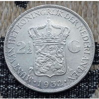 Нидерланды 2 1/2 гульдена 1932 года, UNC. Королева Вельгельмина. Серебро. Сторгуй за свою цену, предложи обмен! S65