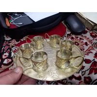 Коньячный набор. Подстаканники под рюмки на оригинальном подносе.  СССР.