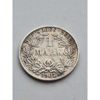 1 марка 1907 года. Германия. Вильгельм II. Серебро 900. Монета не чищена. 45437