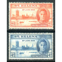 Британские колонии - остров Св. Елены - 1946г. - Годовщина Победы во Второй Мировой войне, король Георг VI, здание парламента в Лондоне - 2 марки - полная серия, MLH, MH с пожелтением клея [Mi 111-112]. #2-Bc-D-KS-5