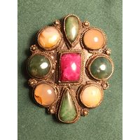 Винтажная серебряная брошь-булавка с натуральными камнями, ручная работа.