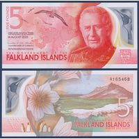 Фолклендские острова (Фолкленды), 5 фунтов 2025 г, P-W20 (A, полимер, IBNS 2025, король Карл III, бледный девичий цветок), UNC