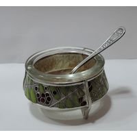 Солонка с ложкой 60-70-е годы СССР. Мельхиор, эмаль, посеребренная. Эмаль целая.
