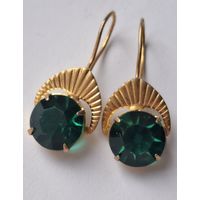 Серьги СССР с зелеными кристаллами. 60-е годы, СССР. Клеймо. Позолота.