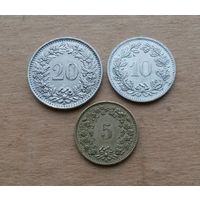 Швейцария, 20, 10 и 5 раппенов 1960, 1982 и 1991 гг. одним лотом