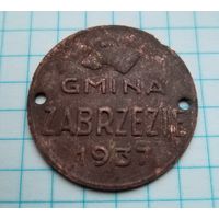 Жетон уплаты налога за собаку. Польша 1937 года.