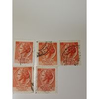 Италия 1955 Марка изображает профиль Аретузы, отсылка к древним сиракузским монетам.