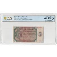 Испания 5 песет 1938 года. Тип Р-110а. Состояние UNC! В слабе PCGS 64