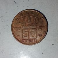 50 сантимов 1983 года Бельгия (надпись на французском "BELGIQUE"). Король Бодуэн 1