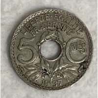 Монета 5 сантимов 1937 год. Франция . С рубля без МЦ.