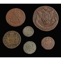 6 МОНЕТ РОССИЙСКОЙ ИМПЕРИИ ЕКАТЕРИНЫ II (МЕДЬ, СЕРЕБРО)