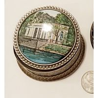 Шкатулка ( пудреница с зеркалом внутри ) мельхиоровая для женских украшений. Винтаж. Эмаль. Бирюза. Питер.