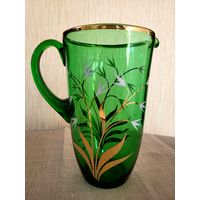 Кувшин для воды, Богемское цветное стекло, позолота, ручная роспись. Есть дефект.