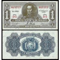 Боливия 1 боливиано 1928 (1952) год, aUNC.