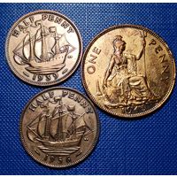 Великобритания 1 пенни 1945 г, 1/2 пенни 1939, 1956 г. Цена за 3 шт.